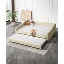Full Size Daybed with Twin Size Trundle Upholstered Tufted Sofa Bed, with Button on Back and Copper Nail on Waved Shape Arms-Beige