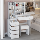 37' Middle Size Left Bedside Cabinet Vanity Table + Cushioned Stool, Extra Large Right sliding mirror, Multi Layer High Capacity Storage, Practical Fashionable Dresser, Suitable For Large Space