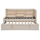 Twin Size Upholstered Daybed with Trundle, Storage Shelves, USB & Outlet (Beige)