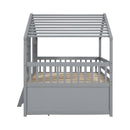 Full Size House Loft Bed with Roof, Windows,4 Storage Drawers,Pine Wooden Bed with Safety Guardrails,Ladder,Grey