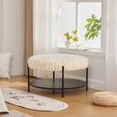 Modern Upholstered Round Ottoman Coffee Table with Storage Shelf and Black Metal Legs, Beige Faux Fur