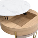 Modern Round Lift-Top Coffee Table with Storage & 3 Ottoman White & Natural