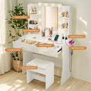 Vanity Desk Set with Mirror & Adjustable Lights, Power Outlet and Hair Dryer Rack, 2 Drawers and 6 Shelves, Includes Cushioned Stool, White MDF