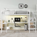 Queen Size Loft Bed with L-shaped Desk and USB, Metal Loft Bed with Wardrobe and Adjustable Shelf, High Loft Bed with LED for Kids Teens Adults, White
