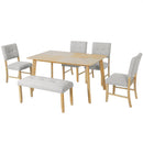 6PCs Dining Room Table Set, Rustic Farmhouse Dining Room Rectangular Table with 4 Upholstered Chairs and Bench, Solid Wood Kitchen Dining Table Set for 6 Persons
