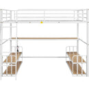 Full Size Metal Loft Bed with Desk, Storage Shelves and Charging Station, White