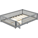Full Size Bed Floor Bed with Safety Guardrails and Door for Kids, Gray