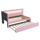 Upholstered Twin Size Platform Bed with USB Ports and LED Belt, With Trundle, Pink
