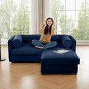 Stylish Blue Chenille 2-Seater Sofa with Ottoman Storage Seat, Cylindrical Backrest and Armrests, Modern Fabric Loveseat