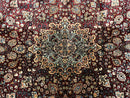 Indian Kashmiri Silk Rug 6x9, Red and Navy Blue, Floral Medallion, Fine 275 KPSI