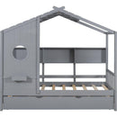 Wooden Twin Size House Bed With Trundle, Modern Design for Kids with Storage Shlef, Gray