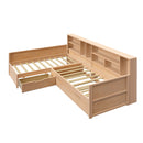 Twin Size Wooden L Shaped Daybed with Under-bed Trundle and Storage Drawer, Versatile Corner Bed Frame with Bookcases for 3, Natural