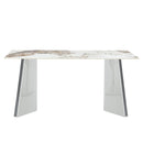 Table and chair set.63'x31.5x30' Luxurious Pandora patterned Sintered Stone Tabletop with Silver Stainless Steel Butterfly Legs.Paried With 6 Dark Gray High-quality PU Chairs With Arched Metal Legs.