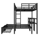 Full XL Over Twin & Twin Triple Bunk Bed with Drawers, Multi-functional Metal Frame Bed, Bed Head with Shelving & USB, Black