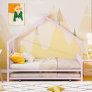 Twin Size Metal House Bed with Twin Size Trundle, Pink