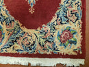 Small Persian Kirman Rug 2x4, Wool Oriental Vintage Handmade Carpet, Hand Knotted Floral Medallion, Red & Beige, Semi Open Field