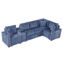 L-shaped Convertible Sofa Bed with Pull-Out Bed, Cup Holders, and Storage Space, Blue Chenille, 120.5'