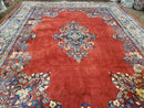Semi Antique Persian Sarouk Rug 9x12,  Semi Open Field with Central Medallion, Hand Knotted Wool, Tomato Red, 9 x 12 Authentic Oriental Carpet