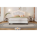 Full Size Upholstered Flower-Shape Bed, Elegant Flowers Headboard with LED Light Strip, Sherpa Fabric Platform Bed with Wooden Slats Support, White