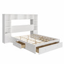 Queen Size Pine Wood Platform Bed with All-In-One 2 Nightstand, Storage Shelf and Cabinet Bookcase with 2 Charging Stations, Multi-Functional Captain Bed Frame with 3 Drawers, No Box Spring Needed