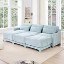 Ergonomic Three-Seater Sofa with Movable Ottomans and Lumbar Pillow in Sky Blue Chenille