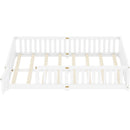 Queen Size Bed Floor Bed with Safety Guardrails and Door for Kids, White