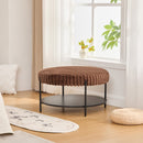 Upholstered Round Ottoman Coffee Table Foot Rest with Black Metal Legs, Brown Faux Fur, 30.9'