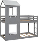 Twin Over Twin House Bunk Bed With Roof And Ladders Grey
