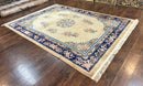 Chinese Wool Rug 8x11, Peking Asian Oriental Carpet, Cream/Ivory and Blue, Vintage Handmade Rug, Art Deco Rug