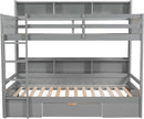 Grey Wood Twin Over Twin Bunk Bed With Storage Shelves And Drawer
