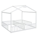 Double Twin House-Style Floor Bed with Fence, Guardrails, without door, White(Old Sku:W504P143317)