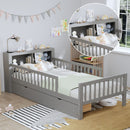 Bed With Headboard Storage Rack, 2 Under Bed Drawers, 3 Side Guardrails For Safety