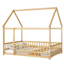 Full Size House Floor Wooden Bed with Roof Frame, Safety Guardrails,Natural