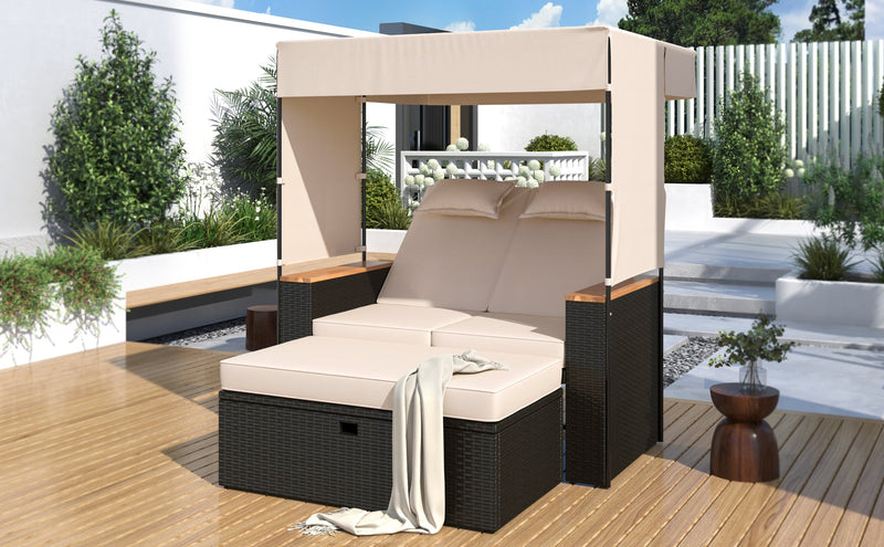 Walker Edison | Outdoor Patio 2-Piece Rattan Chairs and Bench Roof Set