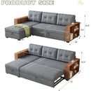 Upholstered Pull Out Sectional Sofa with Storage Chaise, Convertible Corner Couch, Light Grey-Wooden handrail