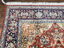Vintage Indo Persian Oriental Rug 6 x 9.6, Wool Hand-Knotted Red Dark Blue & Gold Indian Carpet, 6 x 9 Office Room Rug, Floral Medallion