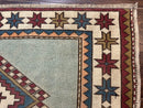 Turkish Kazak Rug 4x6, Geometric Medallion, Caucasian Design Rug, Semi Antique Vintage, Mint Green Maroon Ivory
