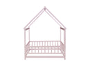 Full Size House Floor Wooden Bed with Roof Frame, Safety Guardrails,Pink