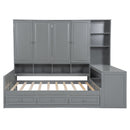 Full Size Wooden Daybed With Three Drawers, and All-in-One Cabinet, Desk and Shelves, Gray