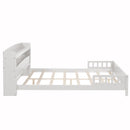 Full Pine Wood Bed with Bookcase Headboard ,LED Motion Sensor Light, Bed Guardrails,White