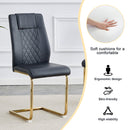 Table and chair set.Subtle Luxury Tempered Glass Dining Set - 63'x35.4' with 4 Black PU Chairs with golden C-tube metal leg.Arched Metal Gold Leg.White imitation marble texture sticker Tabletop.
