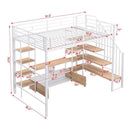 Full Size Metal Loft Bed with Staircase,Low Storage Table and Storage Shelves,White