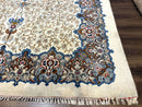 Persian Kashan Rug 9 x 12.6, Ivory and Blue, Floral Medallion, Wool Hand Knotted Semi Antique Carpet