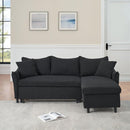 This 80-inch black corduroy L-shaped sofa comes with two small throw pillows that can be converted into a sofa bed for storage