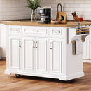 K&K 54inch Large Kitchen Island with Rubber Wood Drop Leaf, Embossed Texture Rolling Kitchen Cart on 4 Wheels with 4 Doors and 3 Drawers, Kitchen Island with Storage for Kitchen, Dining Room,White