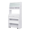 TOPMAX Compact 33.5x15.7x69inch Buffet with Hutch and Foldable Dining Table, Multifunctional Cupboard with Storage Shelf and Side Hooks for Small Places,Studio, Apartment, Marble White