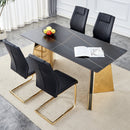 Table and chair set.63'x31.5x30'Black Texture With Lines Patterned Sintered Stone Table with Golden Stainless Steel Butterfly Legs.Paried With 4 Black High-quality PU Chairs With Golden Metal Legs.