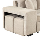 Modern L-Shape 3 Seat Reversible Sectional Couch with Pull Out Sleeper, Storage Chaise & 2 Stools, Cream, Linen Chenille