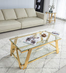 Modern Stainless Steel Coffee Table Set (Set of 2), Double-Layer Clear Tempered Glass Table Top, Coffee Table & End Side Table 2-Pieces Sets for Living Room Home Office, Gold