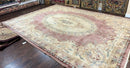 Indo Chinese Aubusson Wool Rug 10x14, Pink and Cream, Handmade Vintage Wool Carpet, Elegant European Design